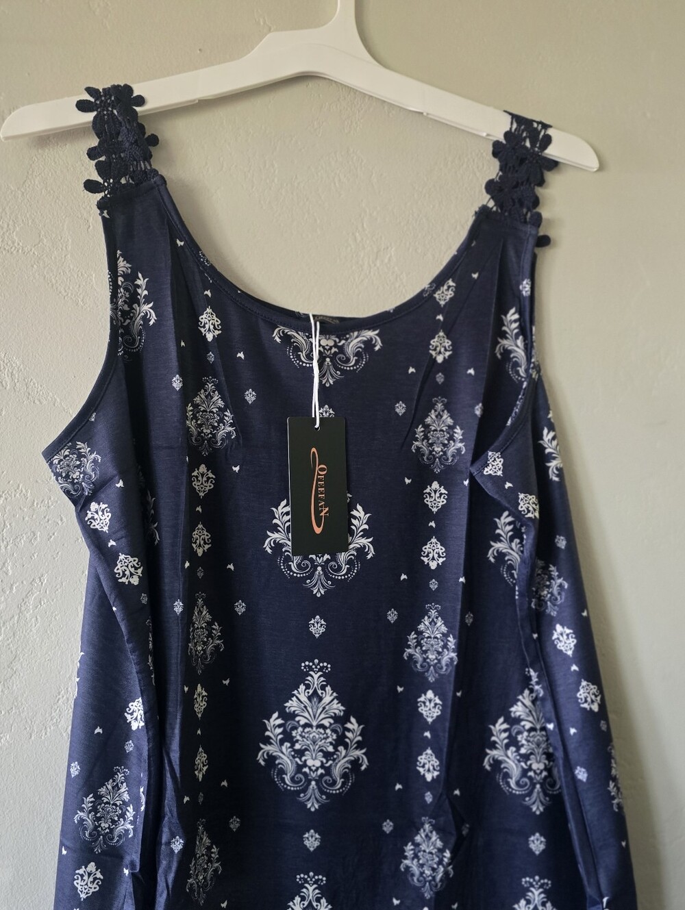 Women's Navy Blue Printed Tank Top with Crochet Straps